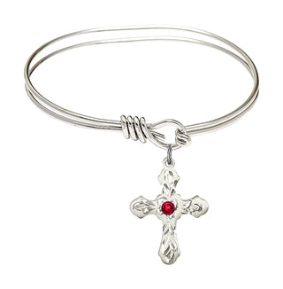 5 3/4 inch Oval Eye Hook Rhodium Bangle Bracelet with a Sterling Silver Cross charm. Engraved Catholic Saint Jewelry