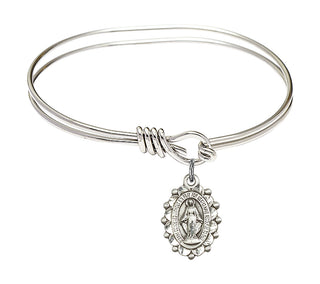 5 3/4 inch Oval Eye Hook Rhodium Bangle Bracelet with a Sterling Silver Miraculous charm.
