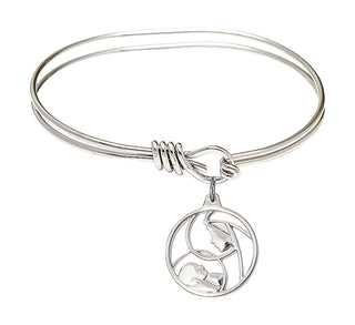 5 3/4 inch Oval Eye Hook Rhodium Bangle Bracelet with a Sterling Silver Madonna and Child charm.