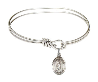 5 3/4 inch Oval Eye Hook Rhodium Bangle Bracelet with a Sterling Silver Saint Barbara charm. Engraved Catholic Saint Jewelry