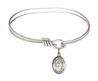 5 3/4 inch Oval Eye Hook Rhodium Bangle Bracelet with a Sterling Silver Saint Boniface charm. Engraved Catholic Saint Jewelry