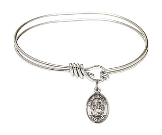 5 3/4 inch Oval Eye Hook Rhodium Bangle Bracelet with a Sterling Silver Saint Catherine of Siena charm. Engraved Catholic Saint Jewelry