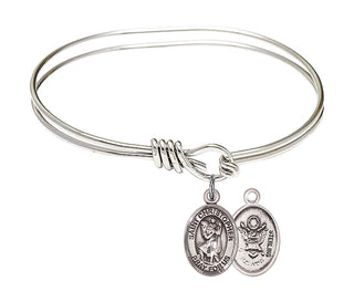 5 3/4 inch Oval Eye Hook Rhodium Bangle Bracelet with a Sterling Silver Saint Christopher / Army charm.