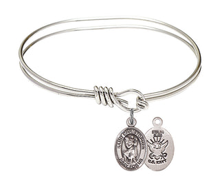 5 3/4 inch Oval Eye Hook Rhodium Bangle Bracelet with a Sterling Silver Saint Christopher / Navy charm.