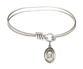 5 3/4 inch Oval Eye Hook Rhodium Bangle Bracelet with a Sterling Silver Saint Edward the Confessor charm. Engraved Catholic Saint Jewelry