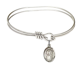 5 3/4 inch Oval Eye Hook Rhodium Bangle Bracelet with a Sterling Silver Saint David of Wales charm. Engraved Catholic Saint Jewelry