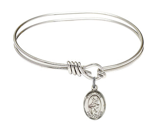 5 3/4 inch Oval Eye Hook Rhodium Bangle Bracelet with a Sterling Silver Saint Jane of Valois charm. Engraved Catholic Saint Jewelry