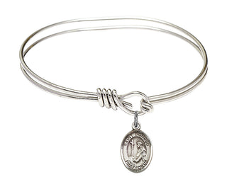 5 3/4 inch Oval Eye Hook Rhodium Bangle Bracelet with a Sterling Silver Saint Dominic de Guzman charm. Engraved Catholic Saint Jewelry
