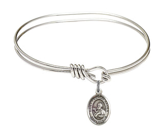 5 3/4 inch Oval Eye Hook Rhodium Bangle Bracelet with a Sterling Silver Saint Francis Xavier charm. Engraved Catholic Saint Jewelry