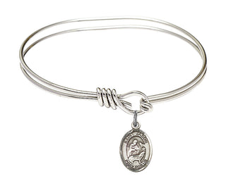 5 3/4 inch Oval Eye Hook Rhodium Bangle Bracelet with a Sterling Silver Saint Jason charm. Engraved Catholic Saint Jewelry