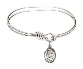 5 3/4 inch Oval Eye Hook Rhodium Bangle Bracelet with a Sterling Silver Saint Kevin charm. Engraved Catholic Saint Jewelry