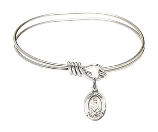 5 3/4 inch Oval Eye Hook Rhodium Bangle Bracelet with a Sterling Silver Saint Louis charm. Engraved Catholic Saint Jewelry
