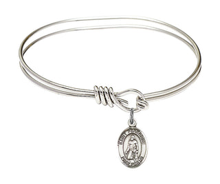 5 3/4 inch Oval Eye Hook Rhodium Bangle Bracelet with a Sterling Silver Saint Peregrine Laziosi charm. Engraved Catholic Saint Jewelry
