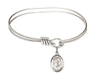 5 3/4 inch Oval Eye Hook Rhodium Bangle Bracelet with a Sterling Silver Saint Rita of Cascia charm. Engraved Catholic Saint Jewelry