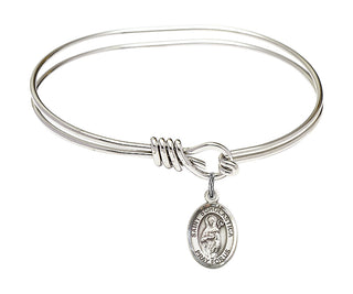5 3/4 inch Oval Eye Hook Rhodium Bangle Bracelet with a Sterling Silver Saint Scholastica charm. Engraved Catholic Saint Jewelry