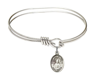 5 3/4 inch Oval Eye Hook Rhodium Bangle Bracelet with a Sterling Silver Saint Leo the Great charm. Engraved Catholic Saint Jewelry