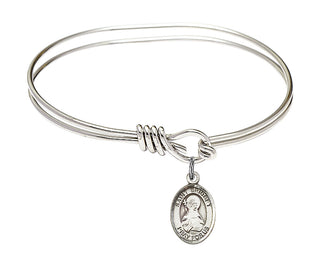 5 3/4 inch Oval Eye Hook Rhodium Bangle Bracelet with a Sterling Silver Saint Bridget of Sweden charm. Engraved Catholic Saint Jewelry