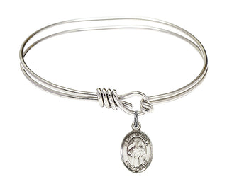 5 3/4 inch Oval Eye Hook Rhodium Bangle Bracelet with a Sterling Silver Saint Ursula charm. Engraved Catholic Saint Jewelry