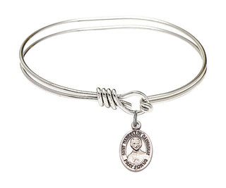 5 3/4 inch Oval Eye Hook Rhodium Bangle Bracelet with a Sterling Silver Saint Marcellin Champagnat charm. Engraved Catholic Saint Jewelry