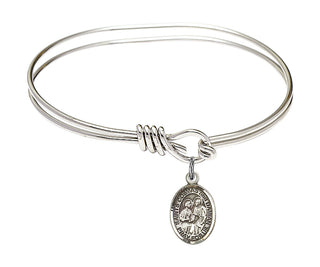 5 3/4 inch Oval Eye Hook Rhodium Bangle Bracelet with a Sterling Silver Sts. Cosmas & Damian charm. Engraved Catholic Saint Jewelry