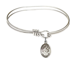 5 3/4 inch Oval Eye Hook Rhodium Bangle Bracelet with a Sterling Silver Saint Ambrose charm. Engraved Catholic Saint Jewelry