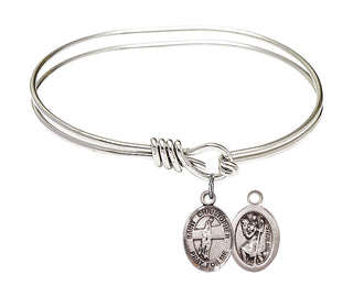 5 3/4 inch Oval Eye Hook Rhodium Bangle Bracelet with a Sterling Silver Saint Christopher/Volleyball charm.