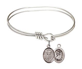 5 3/4 inch Oval Eye Hook Rhodium Bangle Bracelet with a Sterling Silver Saint Christopher/Cheerleading charm.