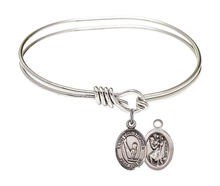 5 3/4 inch Oval Eye Hook Rhodium Bangle Bracelet with a Sterling Silver Saint Christopher/Gymnastics charm.