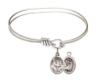 5 3/4 inch Oval Eye Hook Rhodium Bangle Bracelet with a Sterling Silver Saint Christopher/Dance charm.