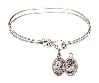 5 3/4 inch Oval Eye Hook Rhodium Bangle Bracelet with a Sterling Silver Saint Christopher/Soccer charm.