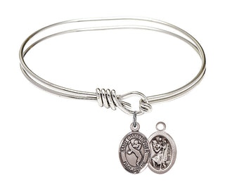 5 3/4 inch Oval Eye Hook Rhodium Bangle Bracelet with a Sterling Silver Saint Christopher/Martial Arts charm.