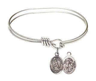 5 3/4 inch Oval Eye Hook Rhodium Bangle Bracelet with a Sterling Silver Saint Sebastian/Baseball charm.