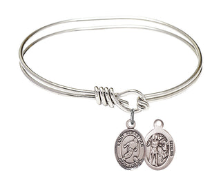 5 3/4 inch Oval Eye Hook Rhodium Bangle Bracelet with a Sterling Silver Saint Sebastian/Soccer charm.