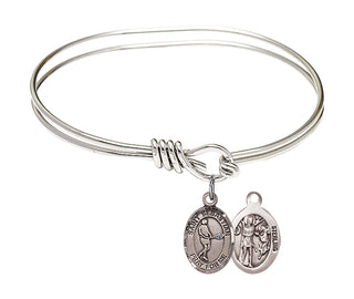 5 3/4 inch Oval Eye Hook Rhodium Bangle Bracelet with a Sterling Silver Saint Sebastian/Tennis charm.