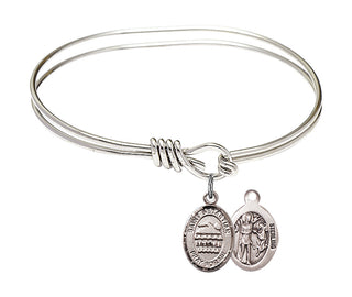 5 3/4 inch Oval Eye Hook Rhodium Bangle Bracelet with a Sterling Silver Saint Sebastian/Swimming charm.