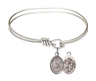 5 3/4 inch Oval Eye Hook Rhodium Bangle Bracelet with a Sterling Silver Saint Sebastian/Skiing charm.