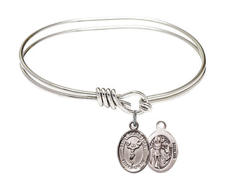 5 3/4 inch Oval Eye Hook Rhodium Bangle Bracelet with a Sterling Silver Saint Sebastian/Cheerleading charm.