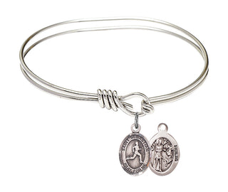 5 3/4 inch Oval Eye Hook Rhodium Bangle Bracelet with a Sterling Silver Saint Sebastian/Track & Field charm.