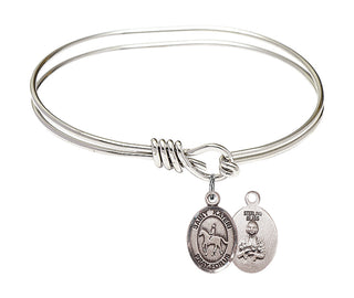5 3/4 inch Oval Eye Hook Rhodium Bangle Bracelet with a Sterling Silver Saint Kateri/Equestrian charm.