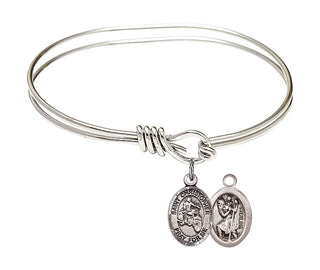 5 3/4 inch Oval Eye Hook Rhodium Bangle Bracelet with a Sterling Silver Saint Christopher/Motorcycle charm.