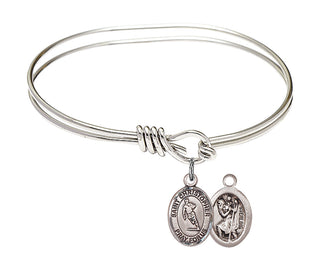 5 3/4 inch Oval Eye Hook Rhodium Bangle Bracelet with a Sterling Silver Saint Christopher / Rugby charm.