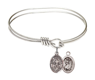 5 3/4 inch Oval Eye Hook Rhodium Bangle Bracelet with a Sterling Silver Saint Christopher / Field Hockey charm.