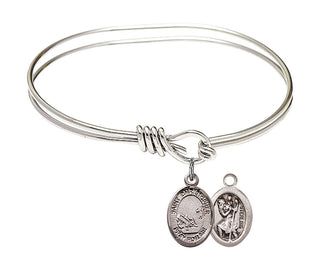5 3/4 inch Oval Eye Hook Rhodium Bangle Bracelet with a Sterling Silver Saint Christopher / Fishing charm.