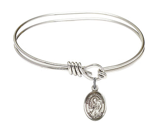 5 3/4 inch Oval Eye Hook Rhodium Bangle Bracelet with a Sterling Silver Saint Alphonsus charm. Engraved Catholic Saint Jewelry