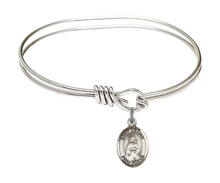 5 3/4 inch Oval Eye Hook Rhodium Bangle Bracelet with a Sterling Silver Saint Lillian charm. Engraved Catholic Saint Jewelry