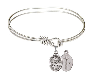 5 3/4 inch Oval Eye Hook Rhodium Bangle Bracelet with a Sterling Silver Saint John Paul II charm.