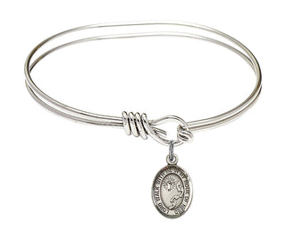 5 3/4 inch Oval Eye Hook Rhodium Bangle Bracelet with a Sterling Silver Footprints / Cross charm. Engraved Catholic Saint Jewelry