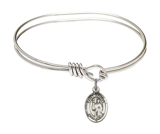 5 3/4 inch Oval Eye Hook Rhodium Bangle Bracelet with a Sterling Silver Saint Maurus charm. Engraved Catholic Saint Jewelry