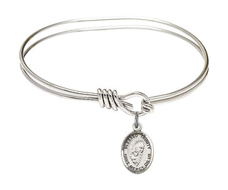 5 3/4 inch Oval Eye Hook Rhodium Bangle Bracelet with a Sterling Silver Blessed Trinity charm. Engraved Catholic Saint Jewelry