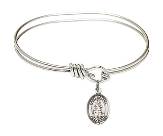 5 3/4 inch Oval Eye Hook Rhodium Bangle Bracelet with a Sterling Silver Saint Rachel charm. Engraved Catholic Saint Jewelry